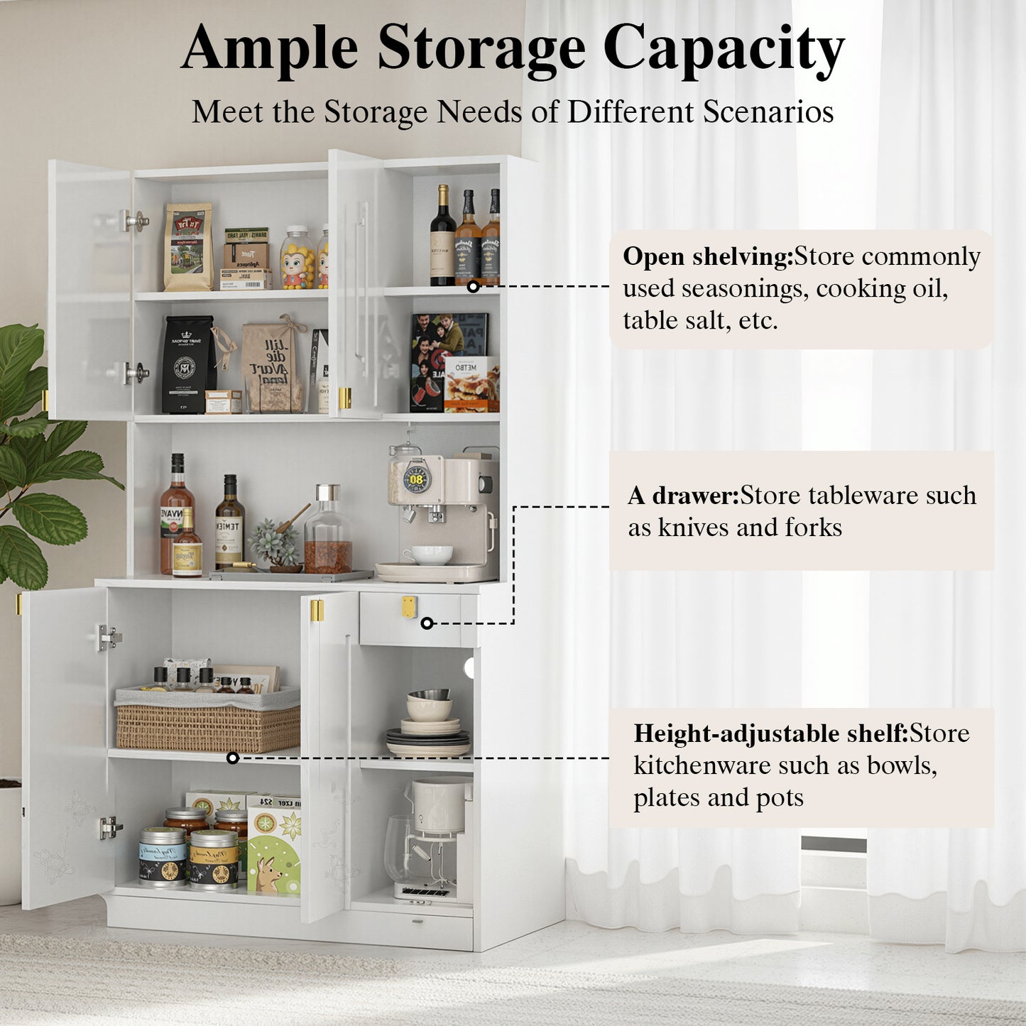 Save 50% - 71" Kitchen Pantry Cabinet with Power Outlet & Microwave Stand, High Gloss Buffet Organizer with Adjustable Shelves