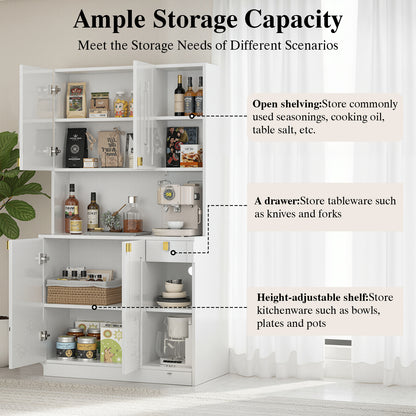 Save 50% - 71" Kitchen Pantry Cabinet with Power Outlet & Microwave Stand, High Gloss Buffet Organizer with Adjustable Shelves
