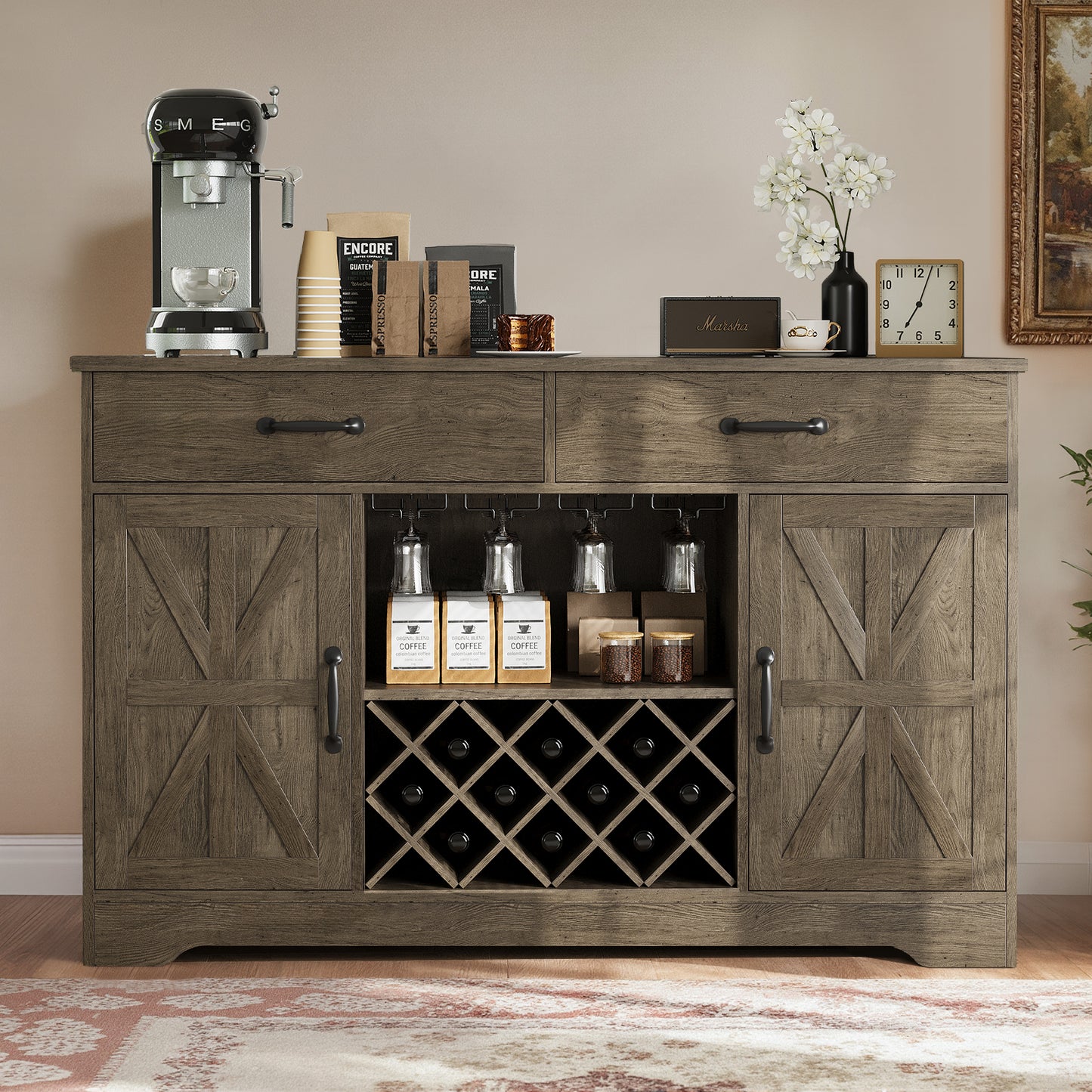 Save 50% - 55" Farmhouse Coffee Bar Cabinet with Hutch, Wine Rack Storage & Drawer, Kitchen Buffet Cabinet for Dining Room, Living Room