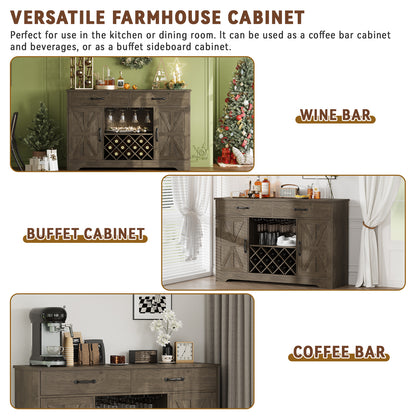 Save 50% - 55" Farmhouse Coffee Bar Cabinet with Hutch, Wine Rack Storage & Drawer, Kitchen Buffet Cabinet for Dining Room, Living Room