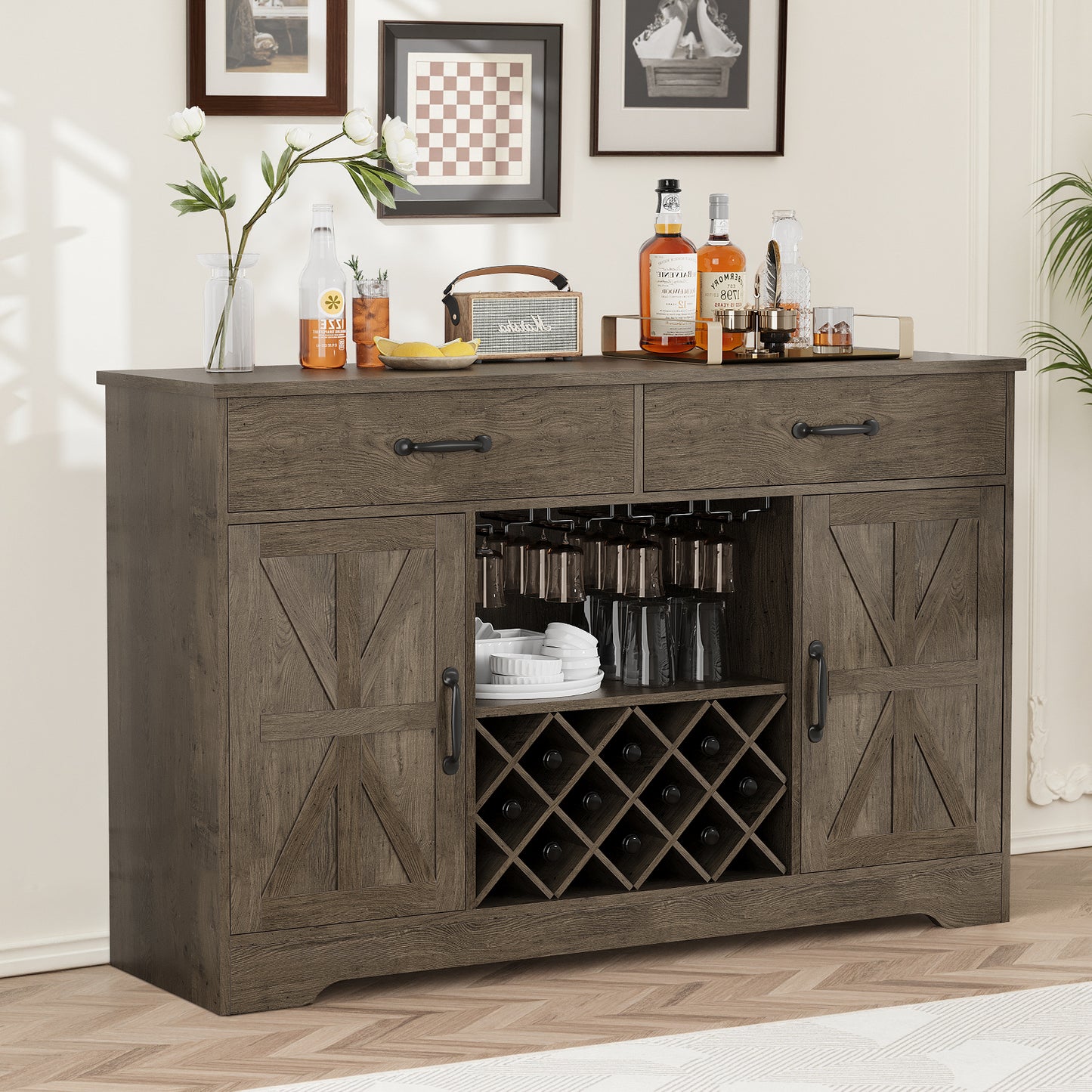 Save 50% - 55" Farmhouse Coffee Bar Cabinet with Hutch, Wine Rack Storage & Drawer, Kitchen Buffet Cabinet for Dining Room, Living Room