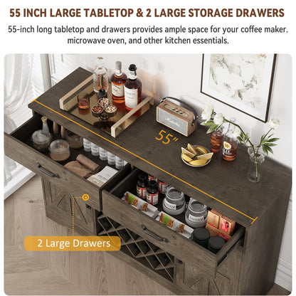 Save 50% - 55" Farmhouse Coffee Bar Cabinet with Hutch, Wine Rack Storage & Drawer, Kitchen Buffet Cabinet for Dining Room, Living Room