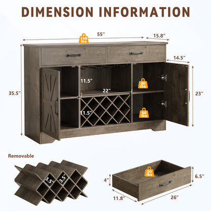 Save 50% - 55" Farmhouse Coffee Bar Cabinet with Hutch, Wine Rack Storage & Drawer, Kitchen Buffet Cabinet for Dining Room, Living Room