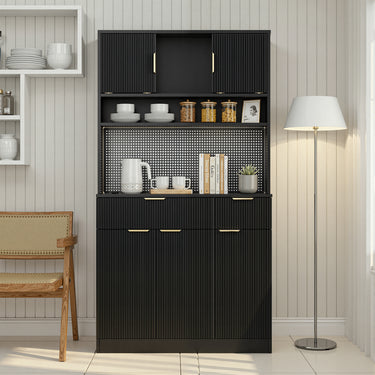 Black Belord 71-inch freestanding kitchen pantry cabinet with power outlets, pegboard, microwave stand, and spice rack.