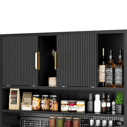 Save 50% - 71" Freestanding Kitchen Pantry Cabinet with Power Outlets & Pegboard, Black Hutch with Microwave Stand and Spice Rack