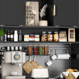 Black Belord 71-inch freestanding kitchen pantry cabinet with power outlets, pegboard, microwave stand, and spice rack.