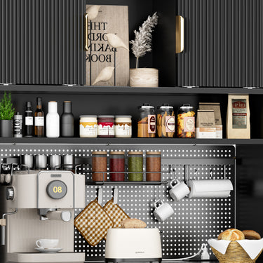 Black Belord 71-inch freestanding kitchen pantry cabinet with power outlets, pegboard, microwave stand, and spice rack.