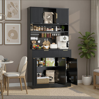 Save 50% - 71" Freestanding Kitchen Pantry Cabinet with Power Outlets & Pegboard, Black Hutch with Microwave Stand and Spice Rack