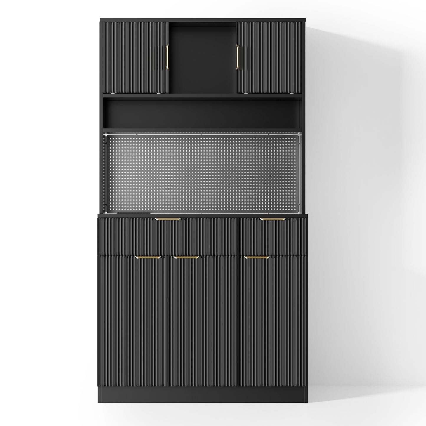 Save 50% - 71" Freestanding Kitchen Pantry Cabinet with Power Outlets & Pegboard, Black Hutch with Microwave Stand and Spice Rack