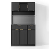 Black Belord 71-inch freestanding kitchen pantry cabinet with power outlets, pegboard, microwave stand, and spice rack.