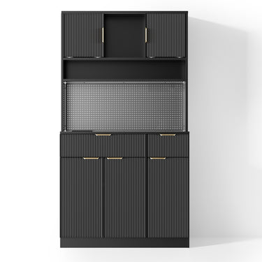 Black Belord 71-inch freestanding kitchen pantry cabinet with power outlets, pegboard, microwave stand, and spice rack.