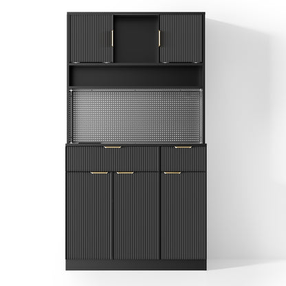 Save 50% - 71" Freestanding Kitchen Pantry Cabinet with Power Outlets & Pegboard, Black Hutch with Microwave Stand and Spice Rack