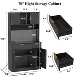 Black Belord 71-inch freestanding kitchen pantry cabinet with power outlets, pegboard, microwave stand, and spice rack.