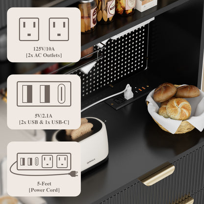 Save 50% - 71" Freestanding Kitchen Pantry Cabinet with Power Outlets & Pegboard, Black Hutch with Microwave Stand and Spice Rack