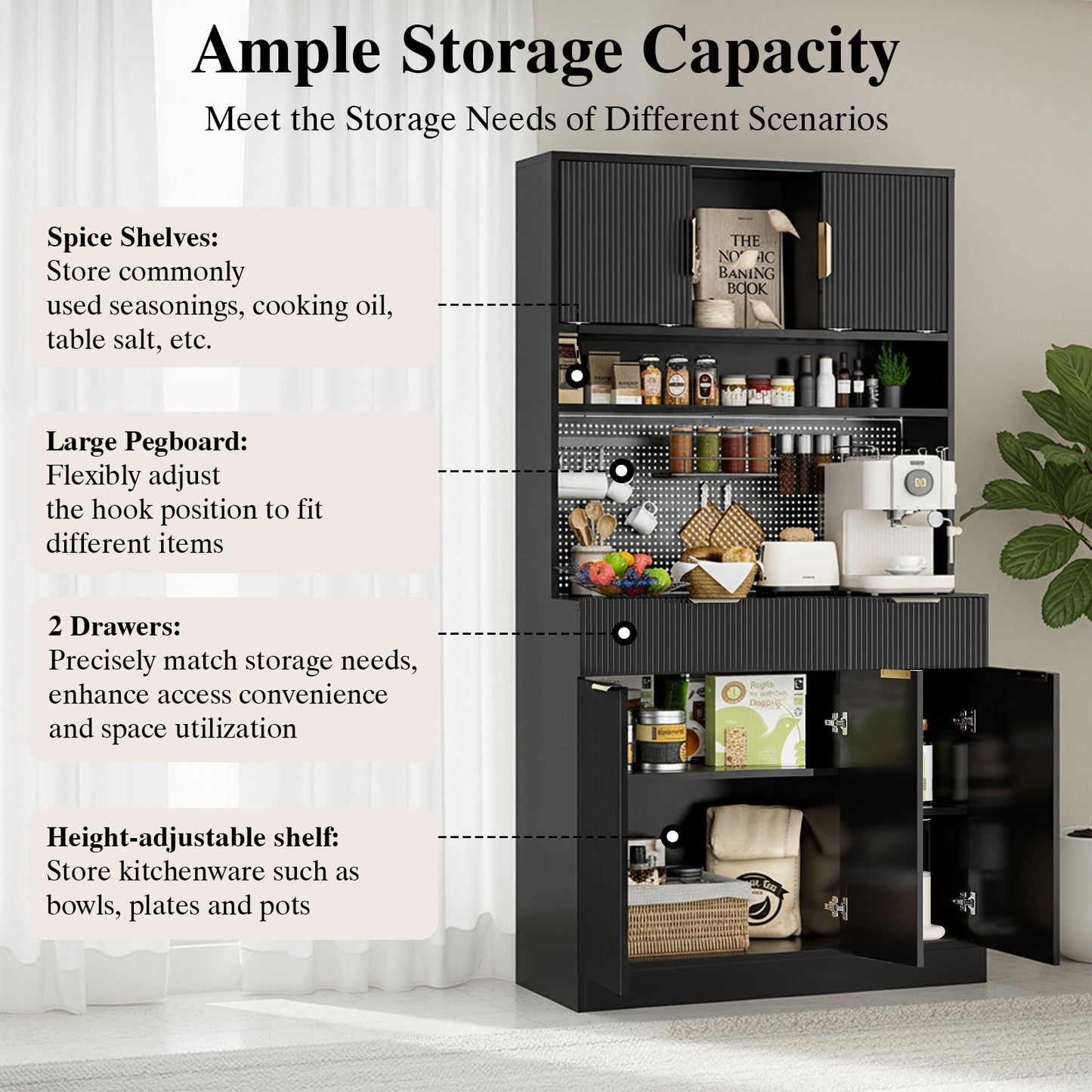 Save 50% - 71" Freestanding Kitchen Pantry Cabinet with Power Outlets & Pegboard, Black Hutch with Microwave Stand and Spice Rack