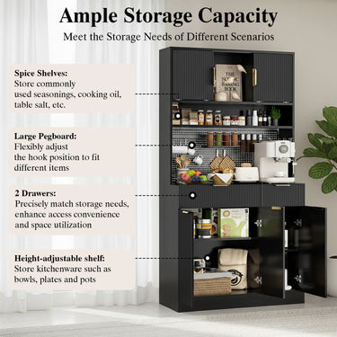 Save 50% - 71" Freestanding Kitchen Pantry Cabinet with Power Outlets & Pegboard, Black Hutch with Microwave Stand and Spice Rack - Belord