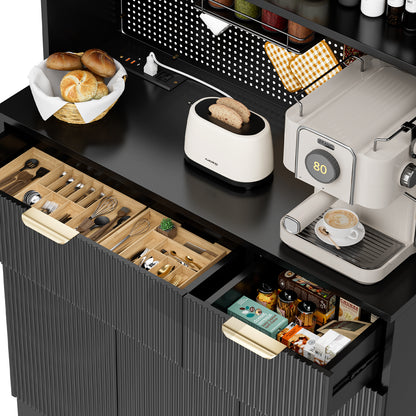 Save 50% - 71" Freestanding Kitchen Pantry Cabinet with Power Outlets & Pegboard, Black Hutch with Microwave Stand and Spice Rack