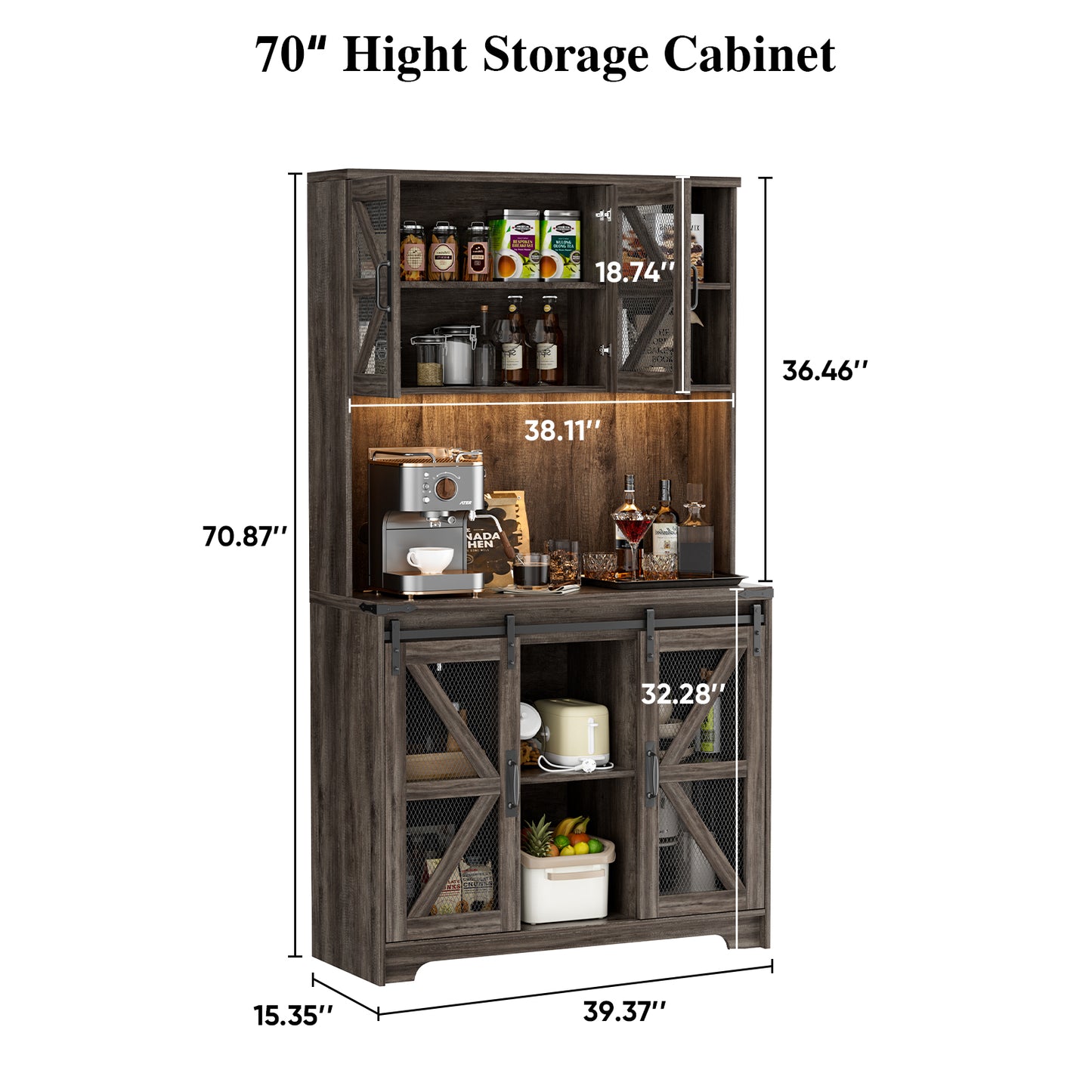 Save 50% - 70.87" Freestanding Kitchen Pantry Cabinet with LED Lights, Power Outlet & Barn Doors, Oak Hutch with Microwave Stand