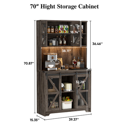 Save 50% - 70.87" Freestanding Kitchen Pantry Cabinet with LED Lights, Power Outlet & Barn Doors, Oak Hutch with Microwave Stand