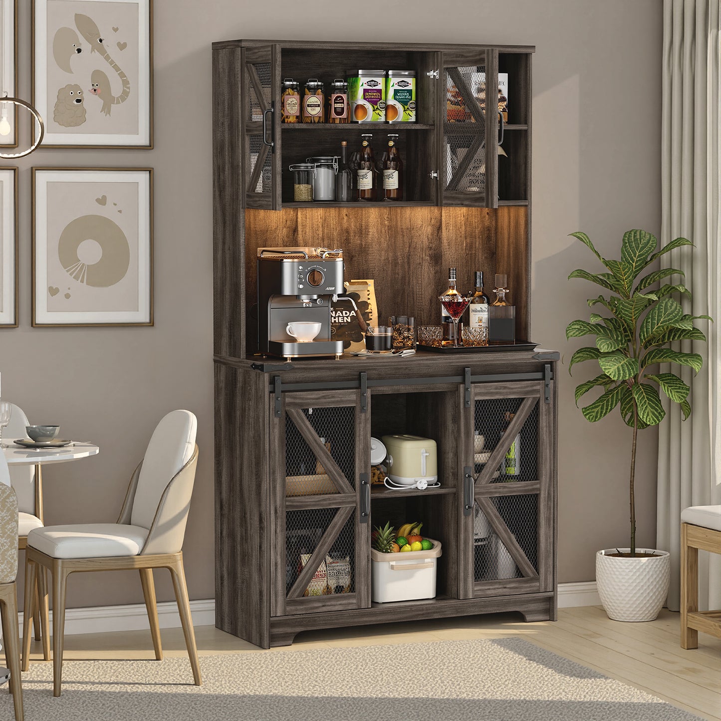 Save 50% - 70.87" Freestanding Kitchen Pantry Cabinet with LED Lights, Power Outlet & Barn Doors, Oak Hutch with Microwave Stand