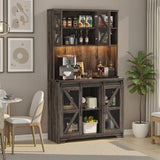 Belord 70.87-inch freestanding kitchen pantry cabinet with LED lights, power outlet, barn doors, and microwave stand in oak finish.