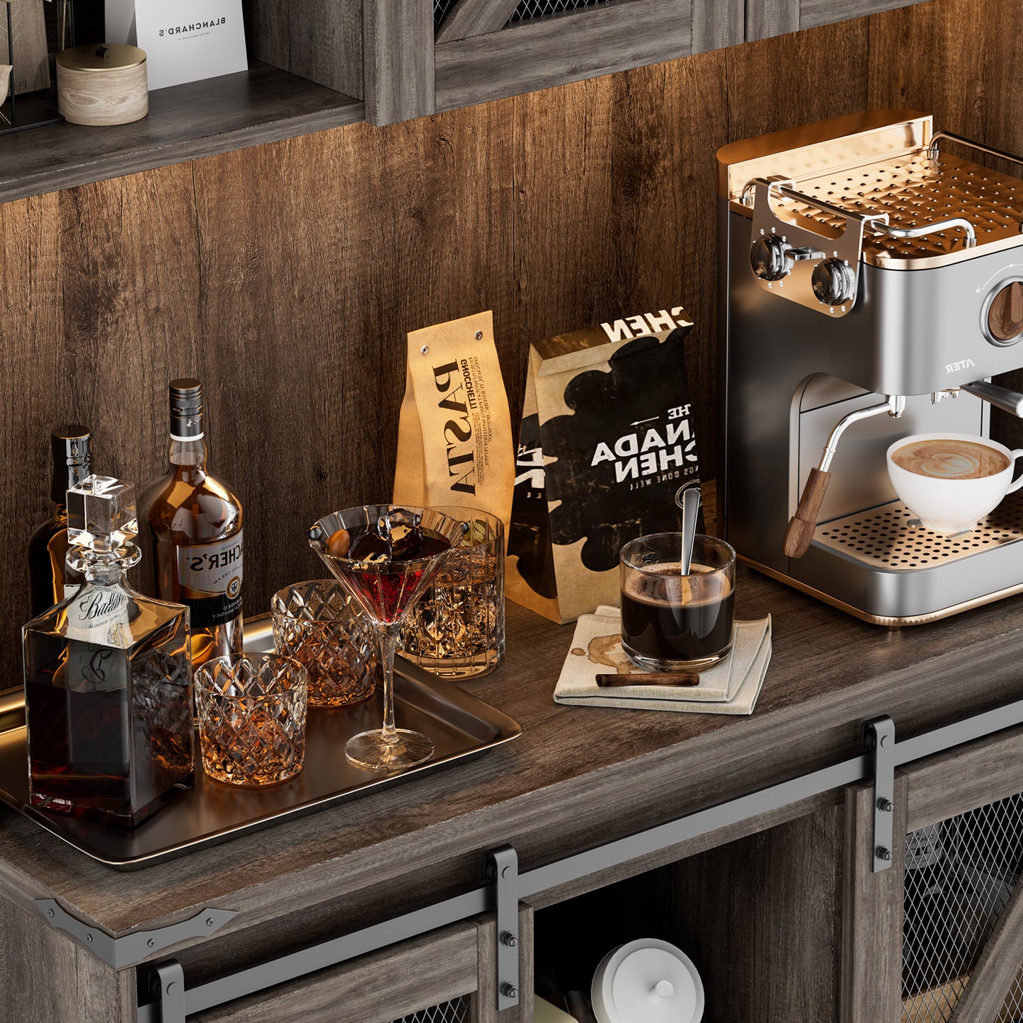 Save 50% - 70.87" Freestanding Kitchen Pantry Cabinet with LED Lights, Power Outlet & Barn Doors, Oak Hutch with Microwave Stand