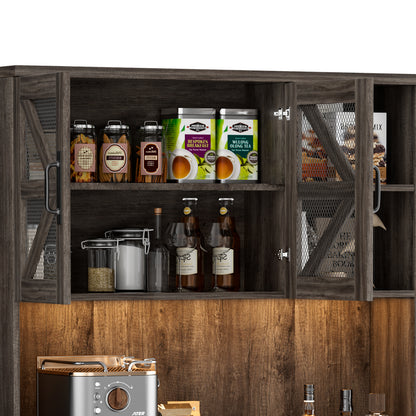 Save 50% - 70.87" Freestanding Kitchen Pantry Cabinet with LED Lights, Power Outlet & Barn Doors, Oak Hutch with Microwave Stand