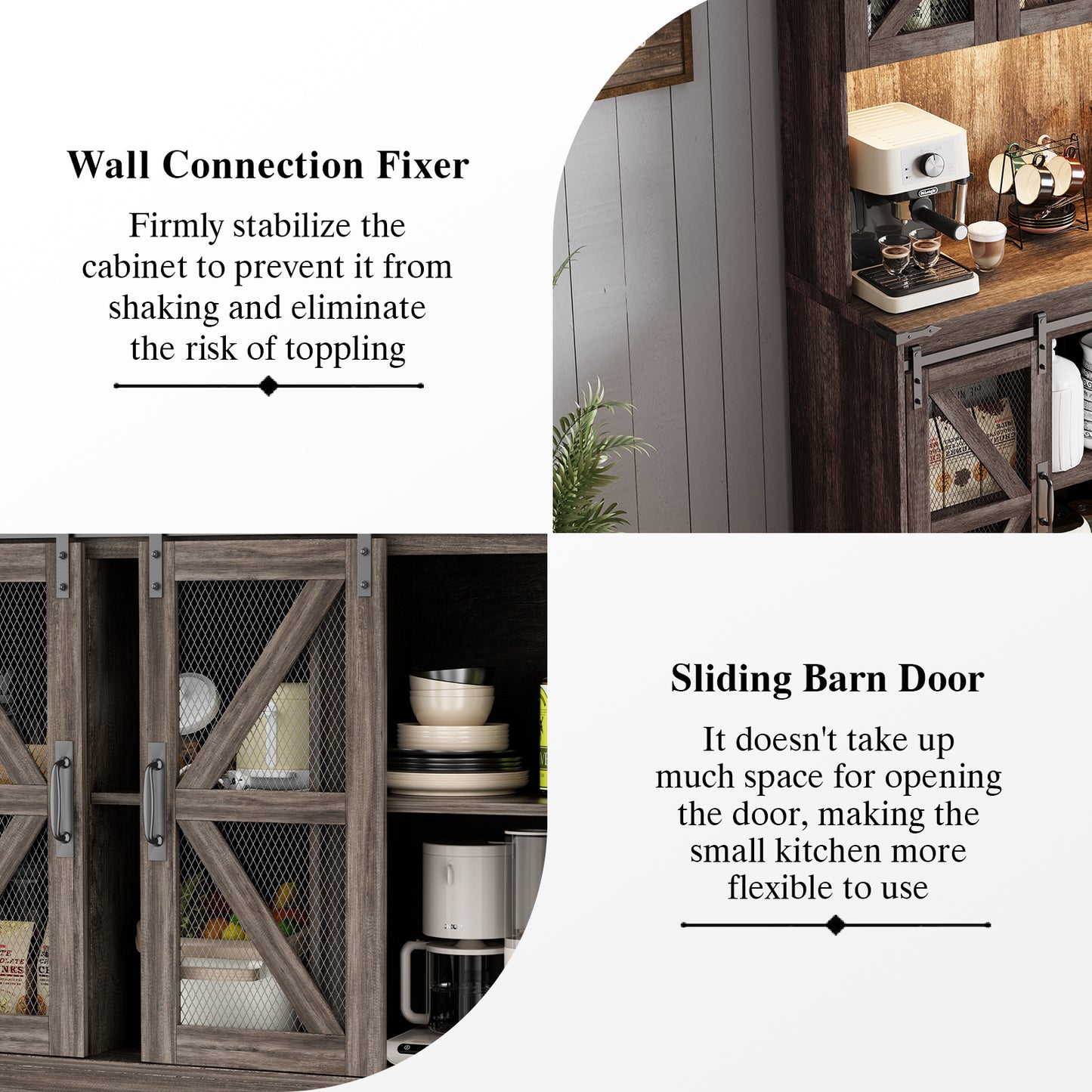 Save 50% - 70.87" Freestanding Kitchen Pantry Cabinet with LED Lights, Power Outlet & Barn Doors, Oak Hutch with Microwave Stand