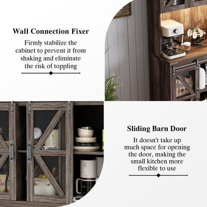 Save 50% - 70.87" Freestanding Kitchen Pantry Cabinet with LED Lights, Power Outlet & Barn Doors, Oak Hutch with Microwave Stand