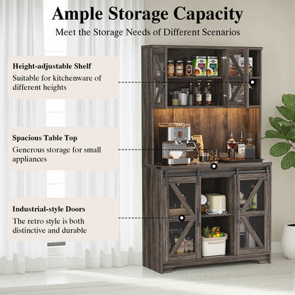 Save 50% - 70.87" Freestanding Kitchen Pantry Cabinet with LED Lights, Power Outlet & Barn Doors, Oak Hutch with Microwave Stand