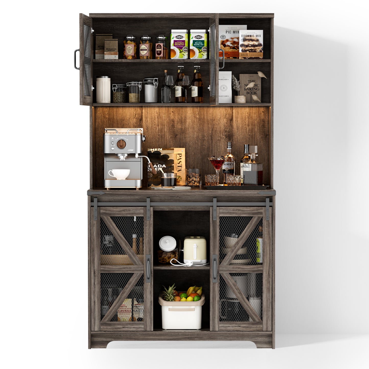 Save 50% - 70.87" Freestanding Kitchen Pantry Cabinet with LED Lights, Power Outlet & Barn Doors, Oak Hutch with Microwave Stand
