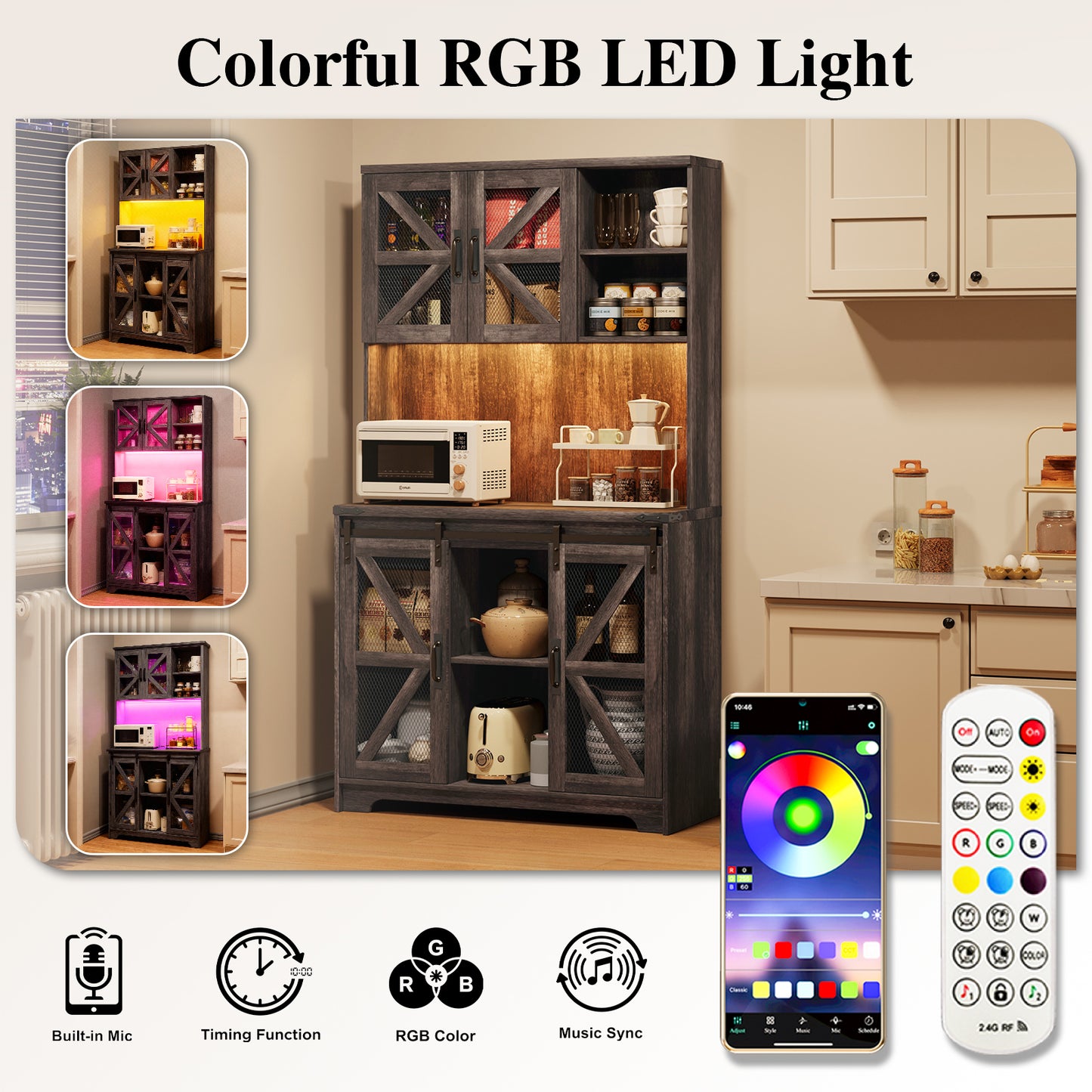 Save 50% - 70.87" Freestanding Kitchen Pantry Cabinet with LED Lights, Power Outlet & Barn Doors, Oak Hutch with Microwave Stand