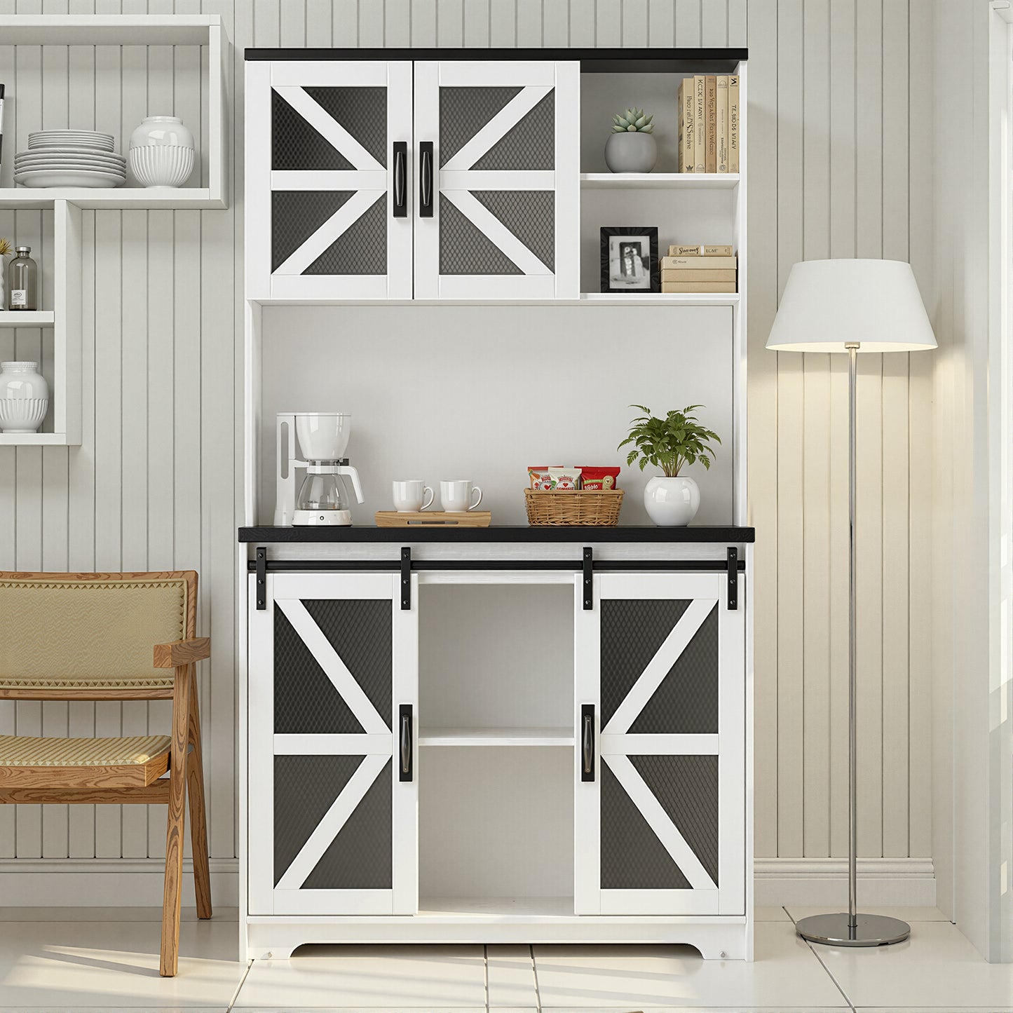 Save 50% - 70.87" Freestanding Kitchen Pantry Cabinet with LED Lights, Power Outlet & Barn Doors, Oak Hutch with Microwave Stand