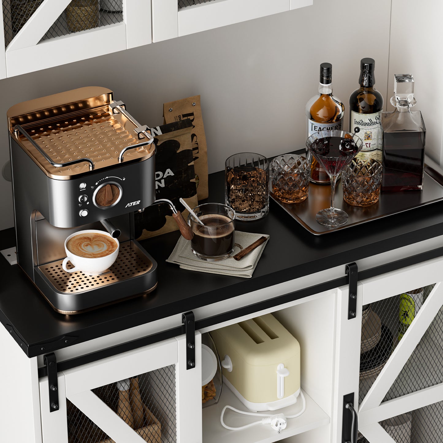 Save 50% - 70.87" Freestanding Kitchen Pantry Cabinet with LED Lights, Power Outlet & Barn Doors, Oak Hutch with Microwave Stand