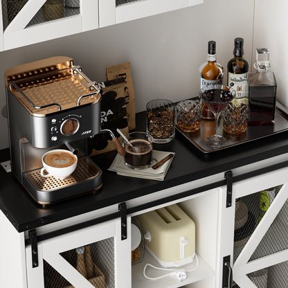 Save 50% - 70.87" Freestanding Kitchen Pantry Cabinet with LED Lights, Power Outlet & Barn Doors, Oak Hutch with Microwave Stand