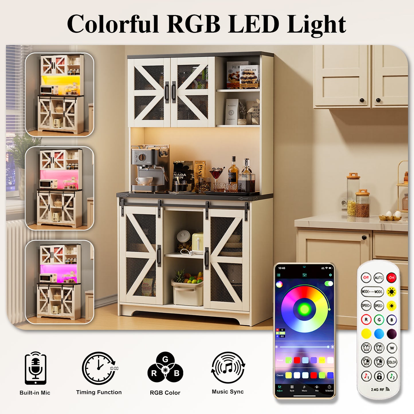 Save 50% - 70.87" Freestanding Kitchen Pantry Cabinet with LED Lights, Power Outlet & Barn Doors, Oak Hutch with Microwave Stand