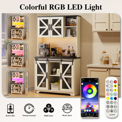 Save 50% - 70.87" Freestanding Kitchen Pantry Cabinet with LED Lights, Power Outlet & Barn Doors, Oak Hutch with Microwave Stand