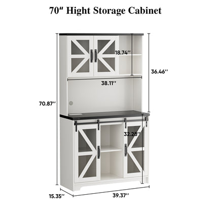 Save 50% - 70.87" Freestanding Kitchen Pantry Cabinet with LED Lights, Power Outlet & Barn Doors, Oak Hutch with Microwave Stand