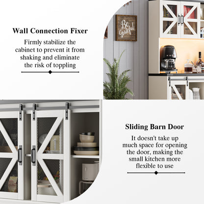 Save 50% - 70.87" Freestanding Kitchen Pantry Cabinet with LED Lights, Power Outlet & Barn Doors, Oak Hutch with Microwave Stand