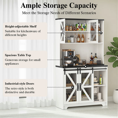 Save 50% - 70.87" Freestanding Kitchen Pantry Cabinet with LED Lights, Power Outlet & Barn Doors, Oak Hutch with Microwave Stand