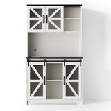 Belord oak kitchen pantry cabinet with barn doors, LED lights, power outlet, microwave stand, and freestanding design