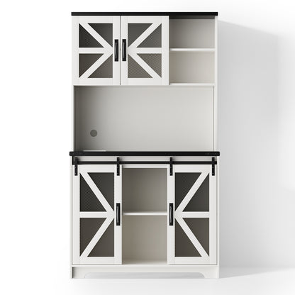 Save 50% - 70.87" Freestanding Kitchen Pantry Cabinet with LED Lights, Power Outlet & Barn Doors, Oak Hutch with Microwave Stand