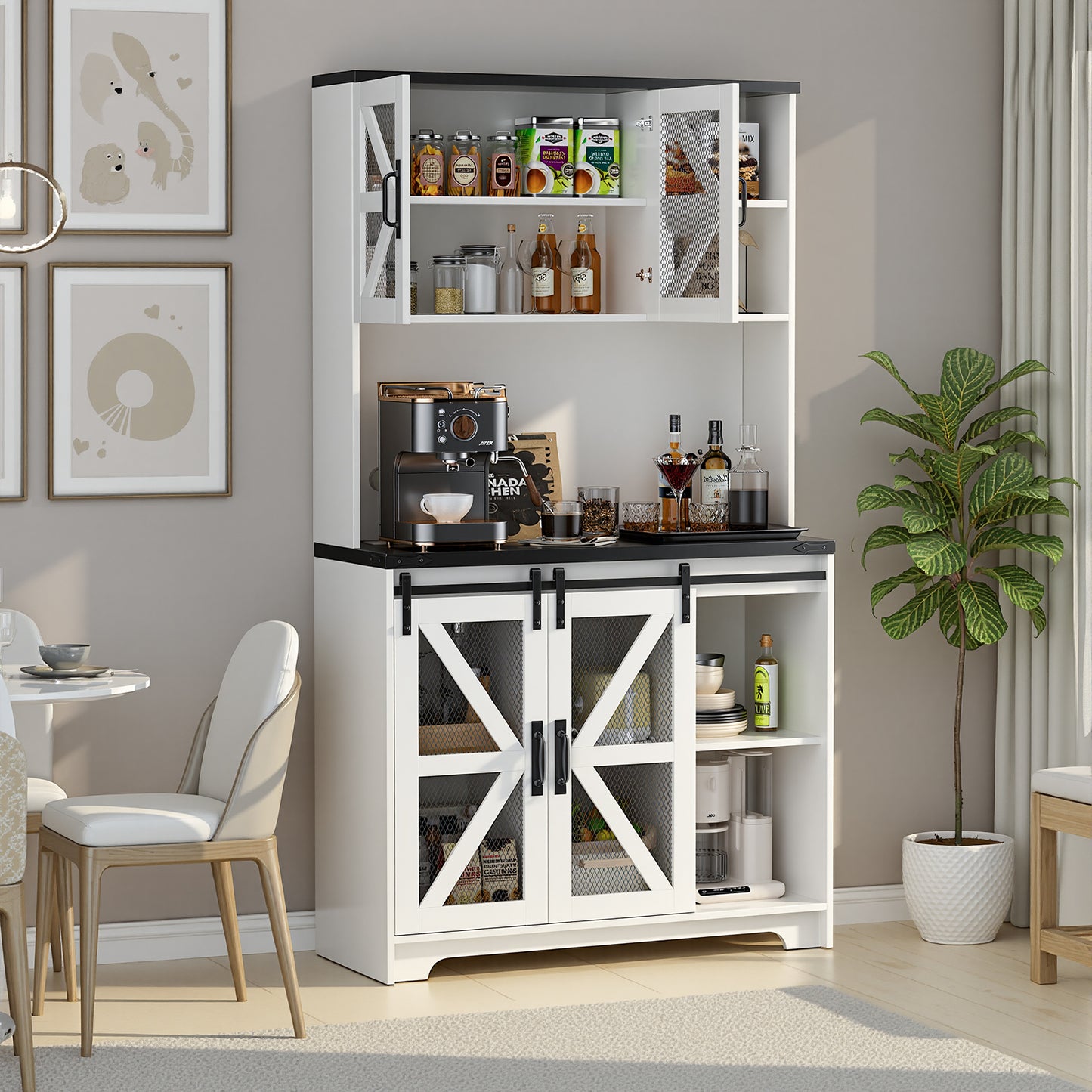 Save 50% - 70.87" Freestanding Kitchen Pantry Cabinet with LED Lights, Power Outlet & Barn Doors, Oak Hutch with Microwave Stand