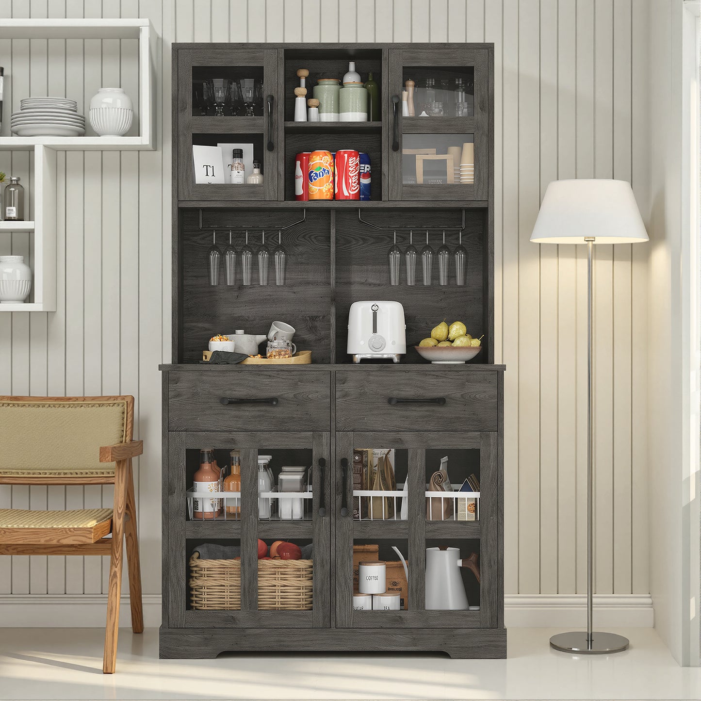 Save 50% - Modern Kitchen Pantry Cabinet with Power Outlet & Wine Glass Rack, Freestanding Hutch with Microwave Stand and Adjustable Shelves