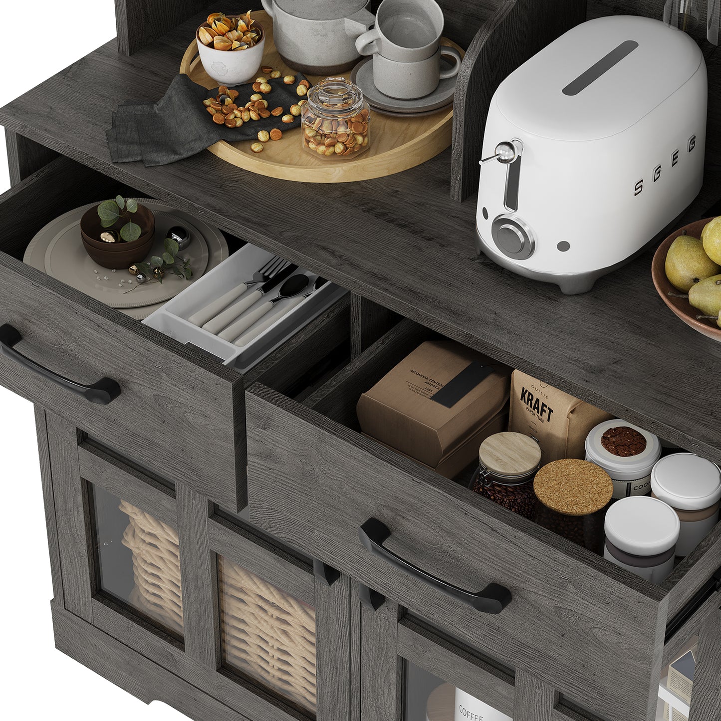 Save 50% - Modern Kitchen Pantry Cabinet with Power Outlet & Wine Glass Rack, Freestanding Hutch with Microwave Stand and Adjustable Shelves