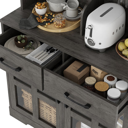 Save 50% - Modern Kitchen Pantry Cabinet with Power Outlet & Wine Glass Rack, Freestanding Hutch with Microwave Stand and Adjustable Shelves