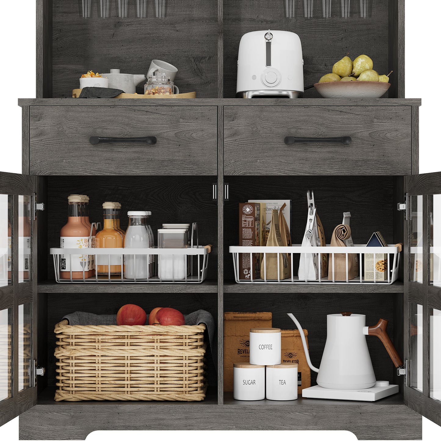 Save 50% - Modern Kitchen Pantry Cabinet with Power Outlet & Wine Glass Rack, Freestanding Hutch with Microwave Stand and Adjustable Shelves
