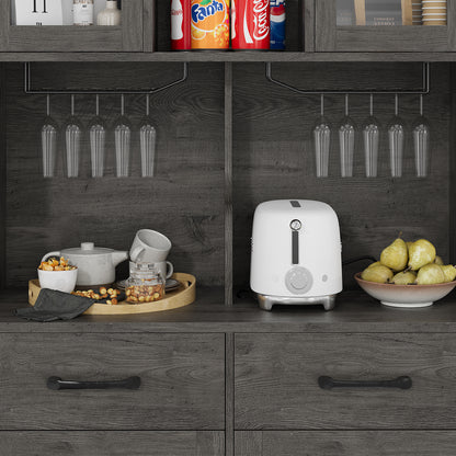 Save 50% - Modern Kitchen Pantry Cabinet with Power Outlet & Wine Glass Rack, Freestanding Hutch with Microwave Stand and Adjustable Shelves