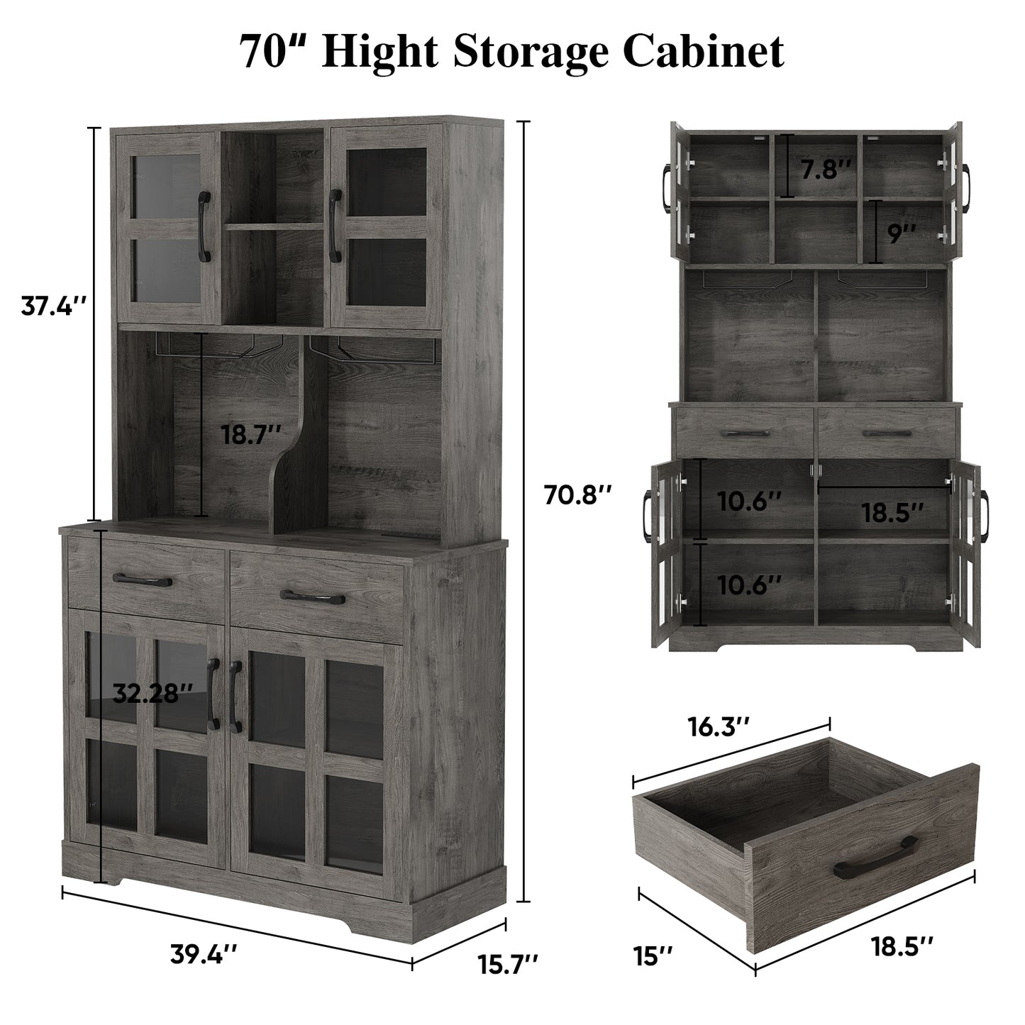 Save 50% - Modern Kitchen Pantry Cabinet with Power Outlet & Wine Glass Rack, Freestanding Hutch with Microwave Stand and Adjustable Shelves