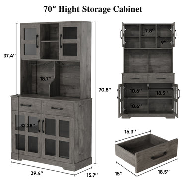 Save 50% - Modern Kitchen Pantry Cabinet with Power Outlet & Wine Glass Rack, Freestanding Hutch with Microwave Stand and Adjustable Shelves - Belord